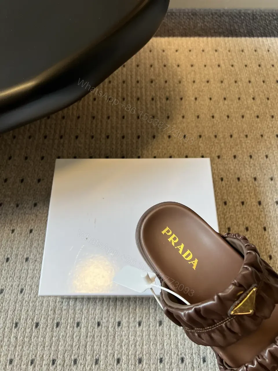 View 8 of Brown Leather Slid​ers Padded Ruched Casual Metro Logo Slides