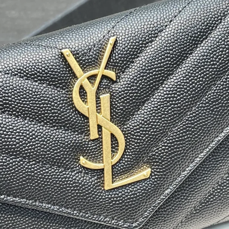 View 2 of Sleek Black Pebbled Leather Envelope Wallet - YSL Signature