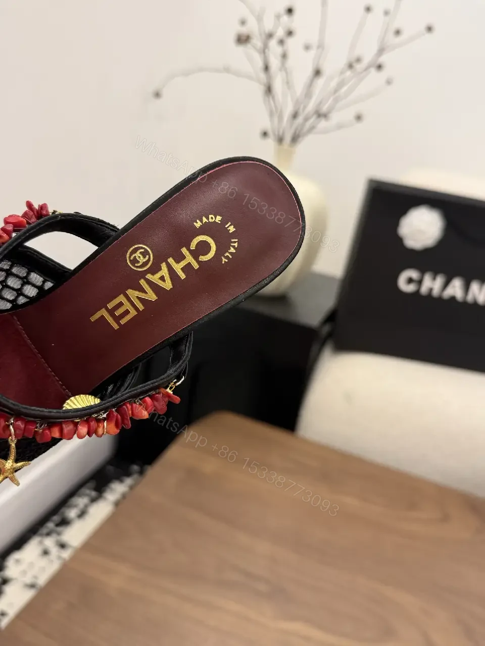 View 10 of Red Velvet Mesh Satin Heels Classic Chanel - Pearl Bead Strap Sandals