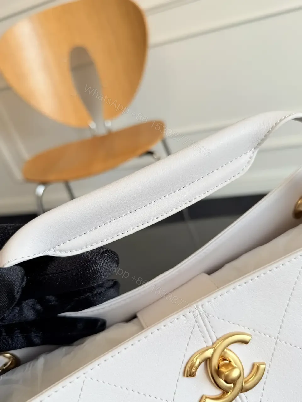 View 11 of White Quilted Tote with Gold Chain - Structured, Luxe Classic