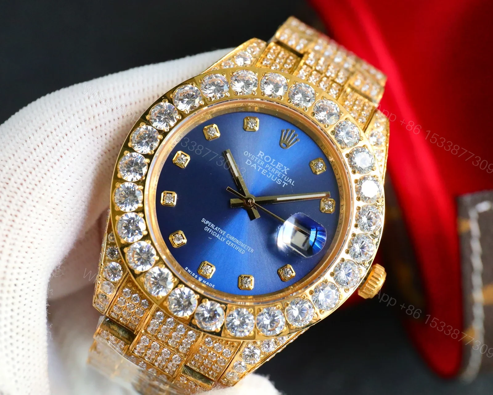 View 3 of Rolex Day-Date Gold Blue Iced Replica 42MM Premium Full Gold Bracelet Blue Dial Edition ROLEX-DD-GOLD-BLU-ICED-FULL-42