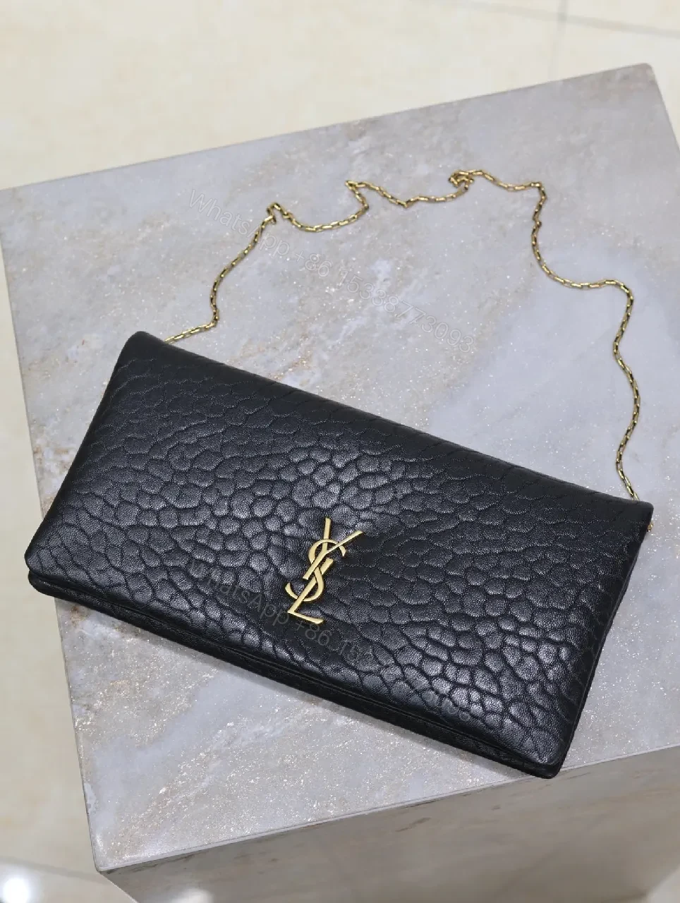 View 8 of Black Leather Clutch with Gold Hardware Chain