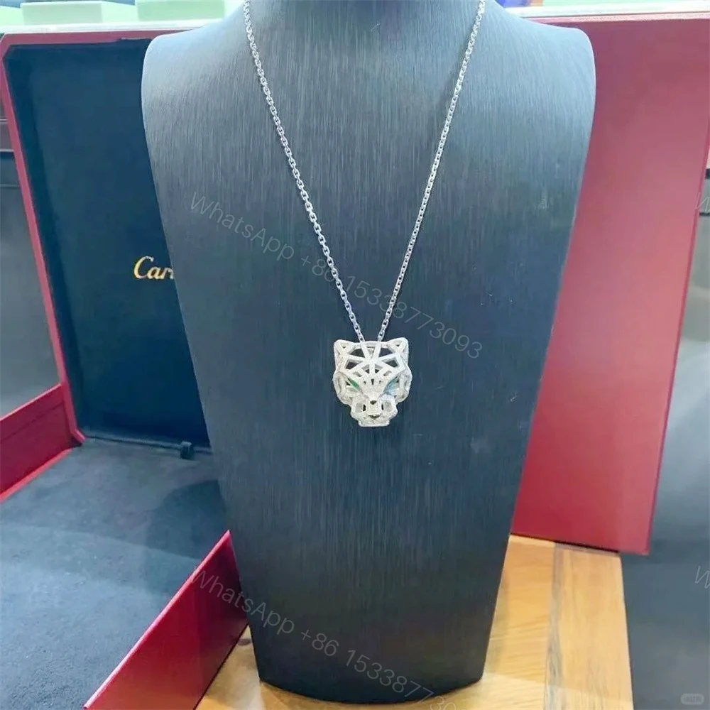 View 4 of Panthere De Cartier Hollow Head Necklace Full Pave Diamonds