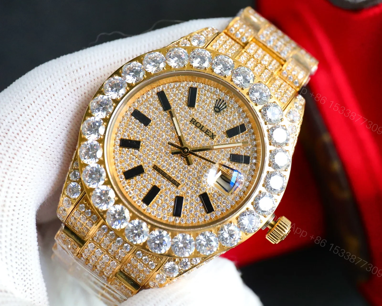 View 4 of Rolex Datejust Gold Diamond Replica 42MM Premium Full Iced Bracelet Champagne Dial Edition ROLEX-DJ-GOLD-DIA-ICED-CHAMP-42