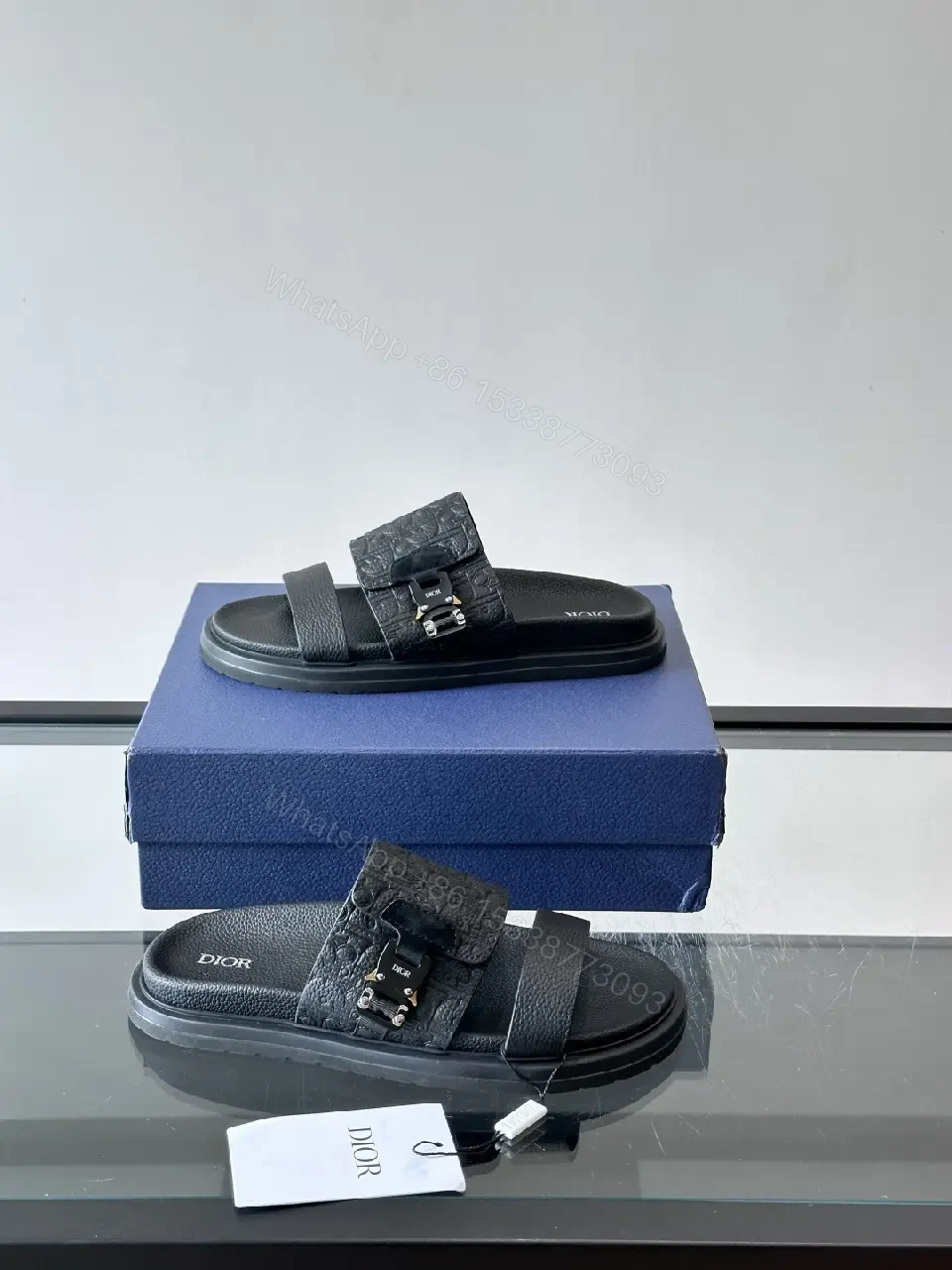 View 9 of Blue Leather Sandals Dior Style Buckle Sandals