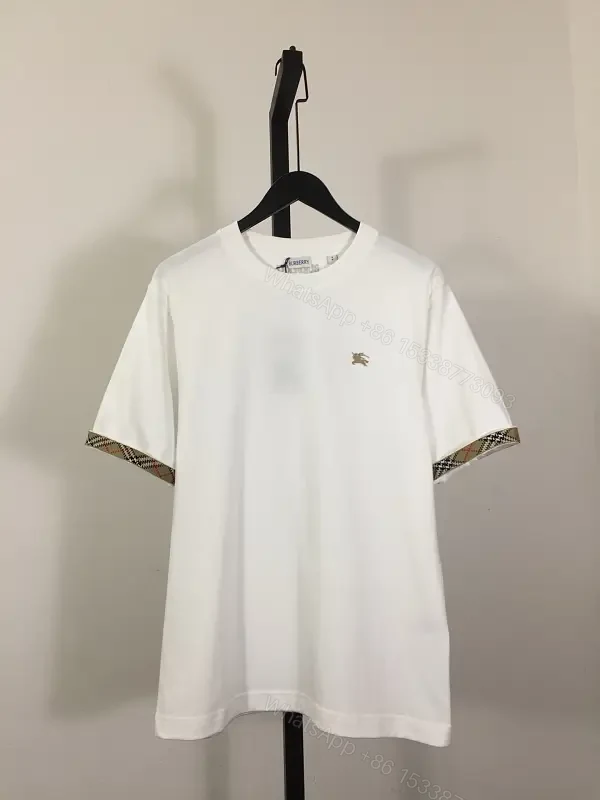 White Cotton T-Shirt with Plaid Trim, Crewneck, Short Sleeves — view 1