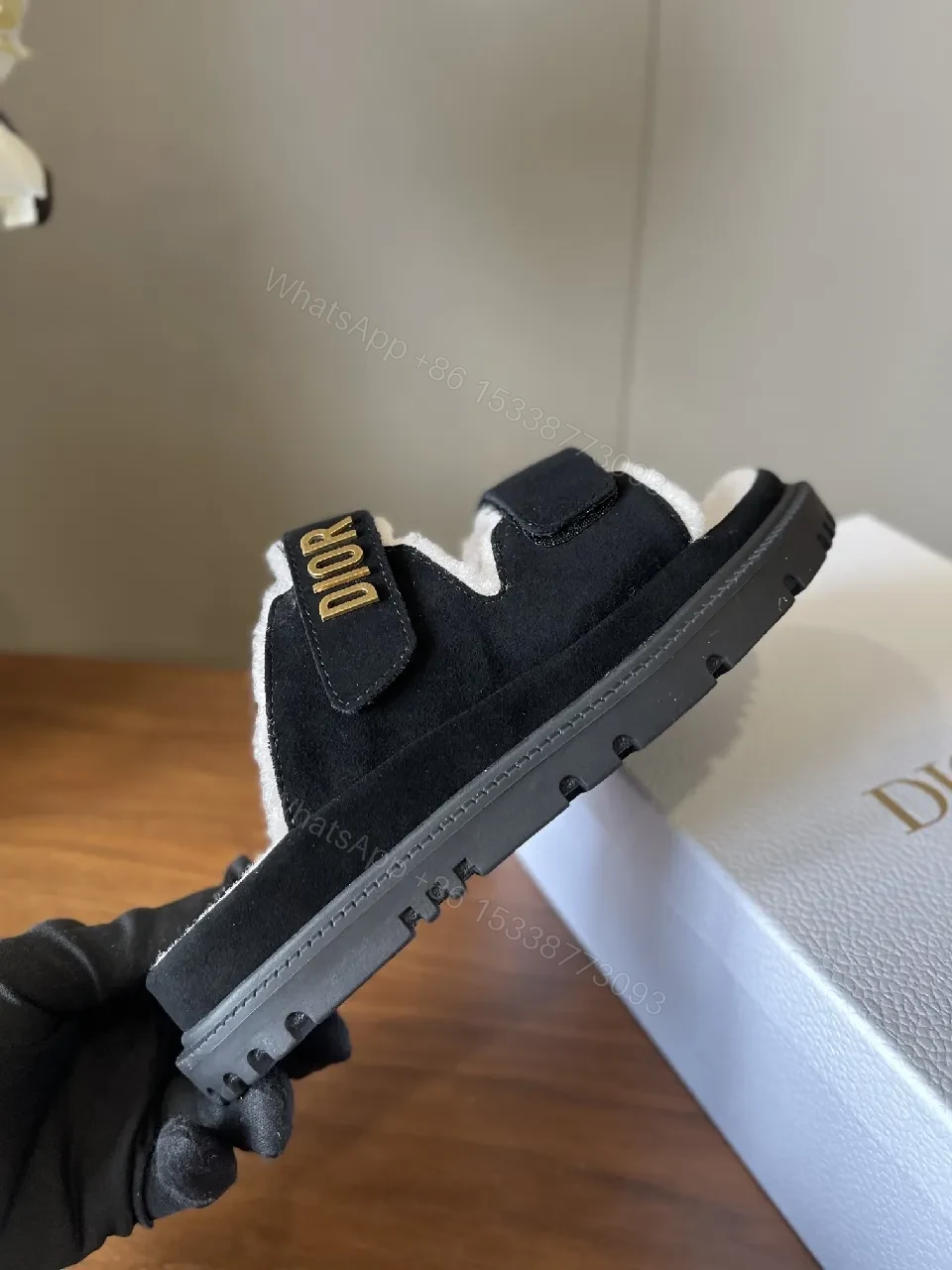 View 2 of Black/Sherpa-Textured Slides with Velcro Strap & Durable Outsole