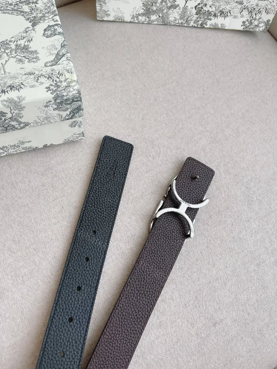 View 4 of Black Leather Belt, Double-Hardware Buckle, Slim Style Belt