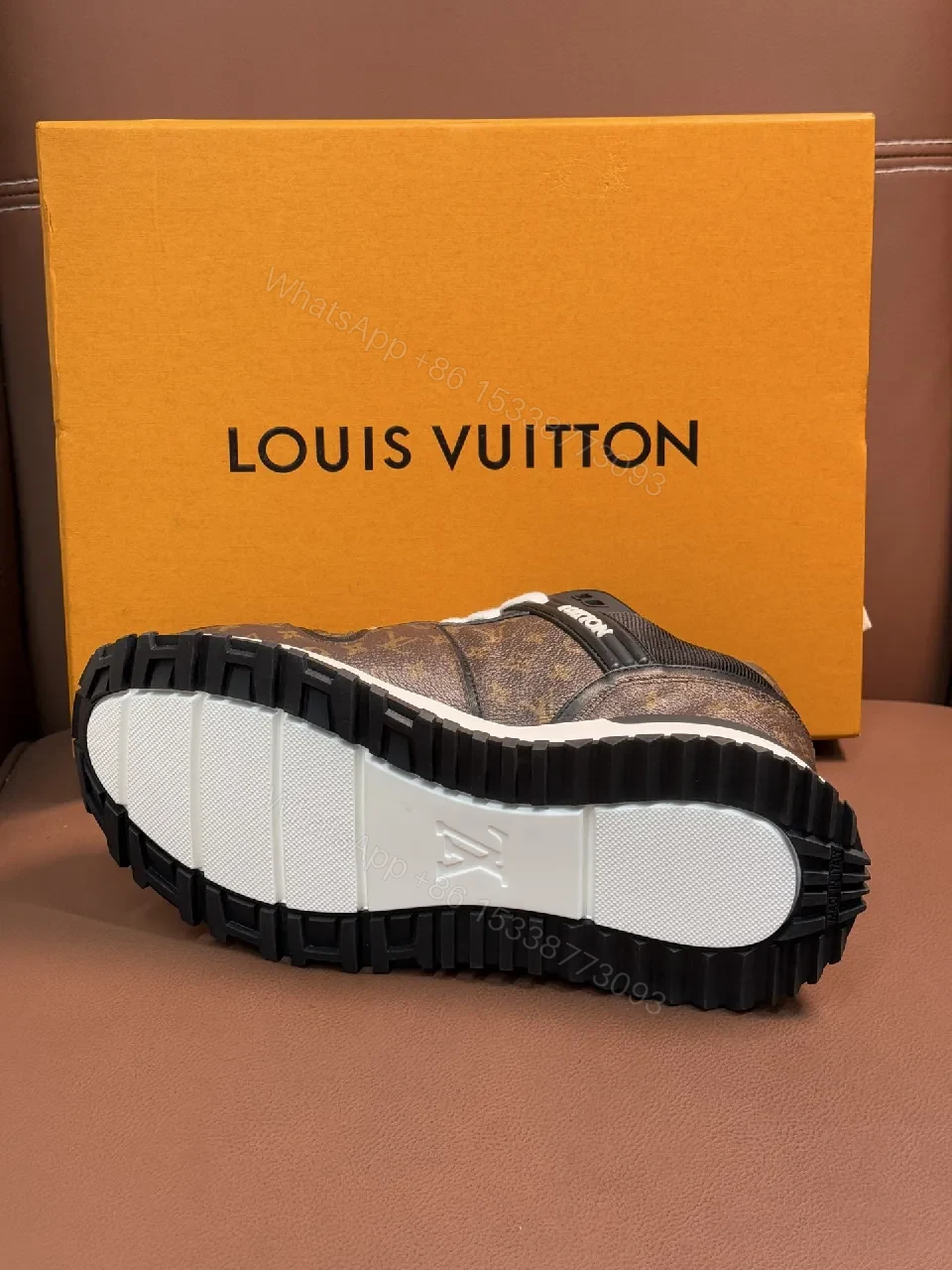 View 2 of Brown Monogram-Texture Sneakers with White Accents, Low-Top Style
