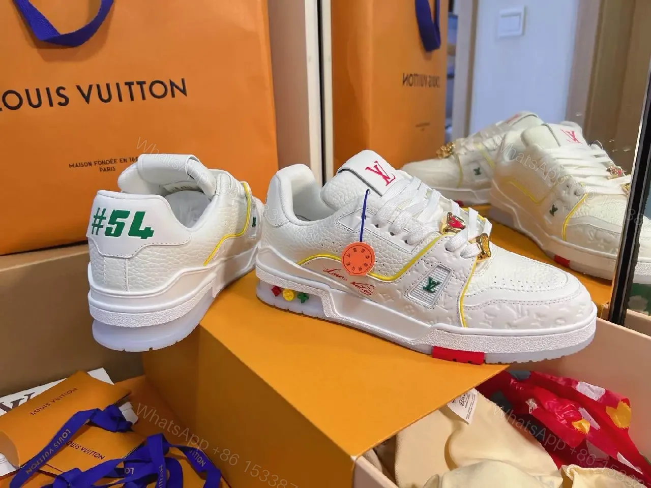 View 2 of Bright Neon Accents Premium White Leather High-Tops