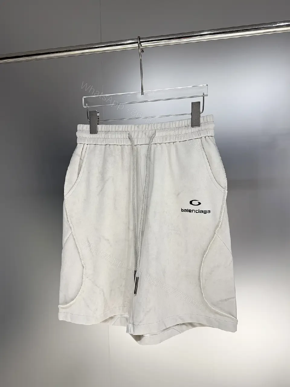 View 5 of Gray Cotton Shorts Modern Drawstring Balenciaga Logo Shorts