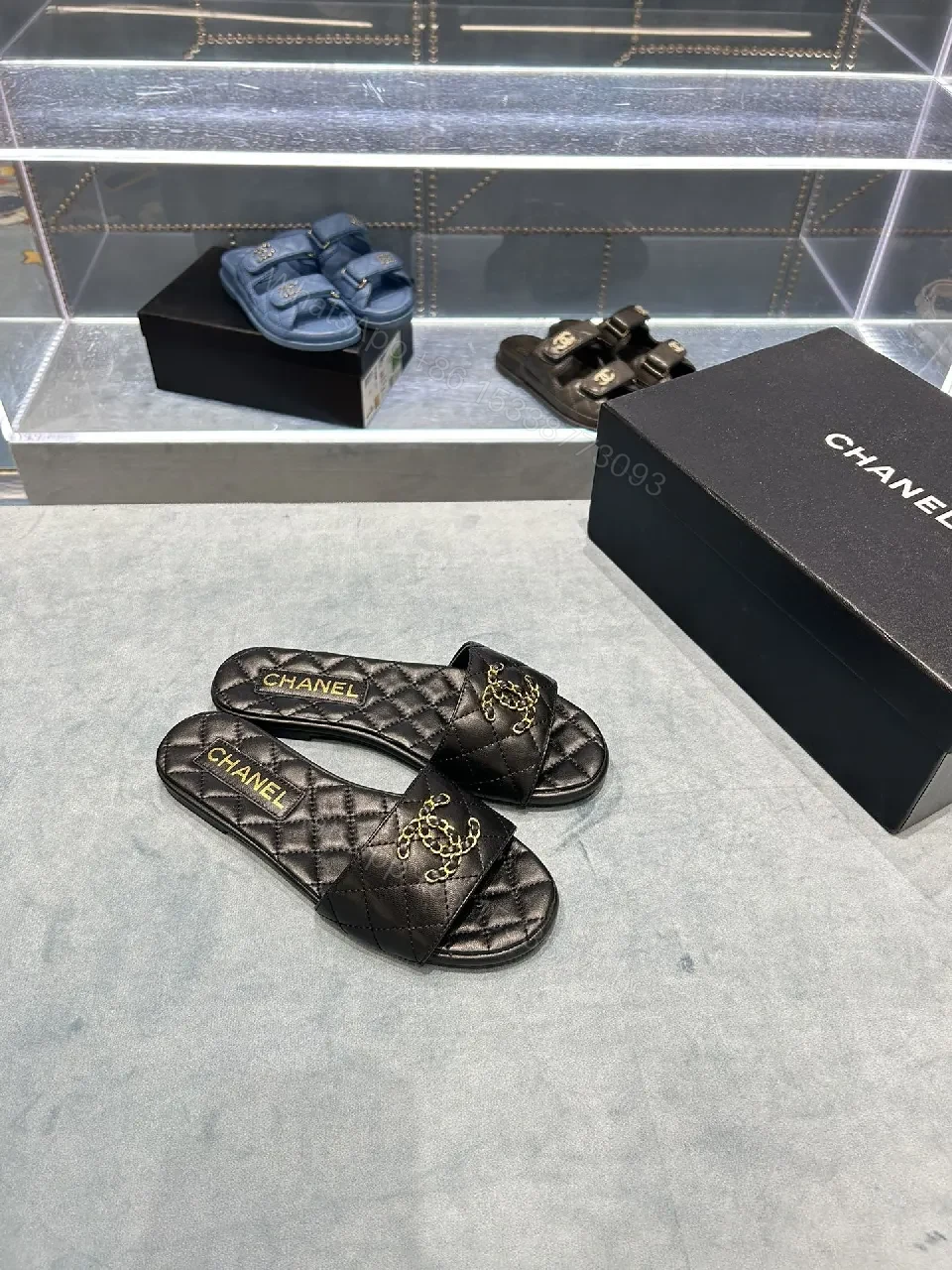 Quilted Black Slides with Gold Emblem – Lux Slip-ons — view 1