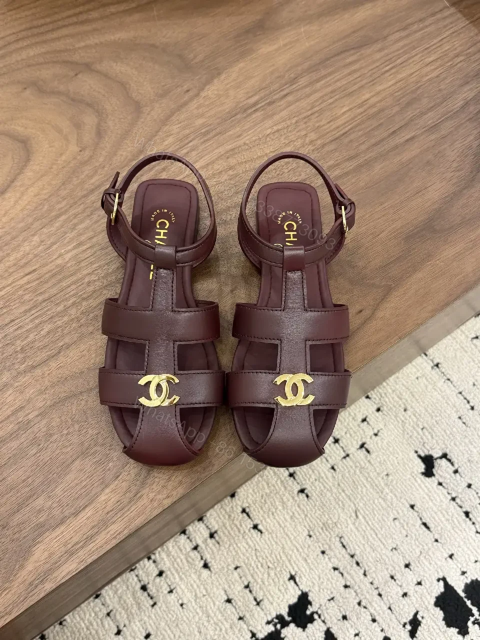 View 9 of Burgundy Leather Gladiator Sandals Gold Logo Chanel Style Sandals