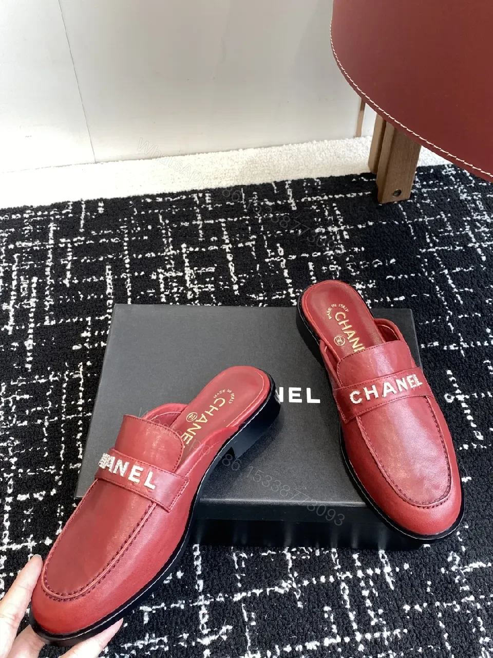 View 5 of Bold Red Leather Slip-Ons with Signature Strap
