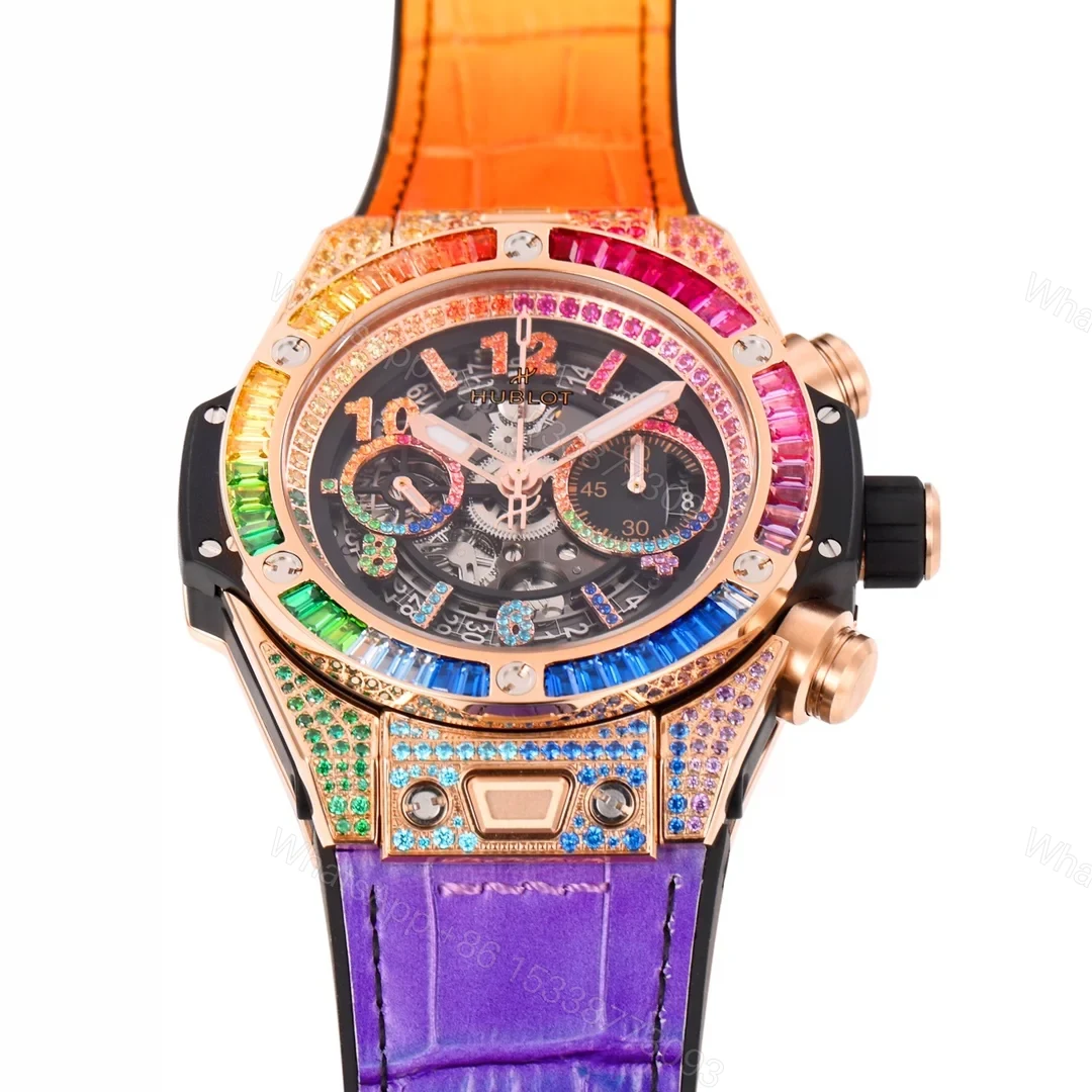 View 3 of Hublot Big Bang Rainbow Replica 45MM Premium Rose Gold Case Purple Orange Leather Strap Edition RG-HUBLOT-RAINBOW-RG-45