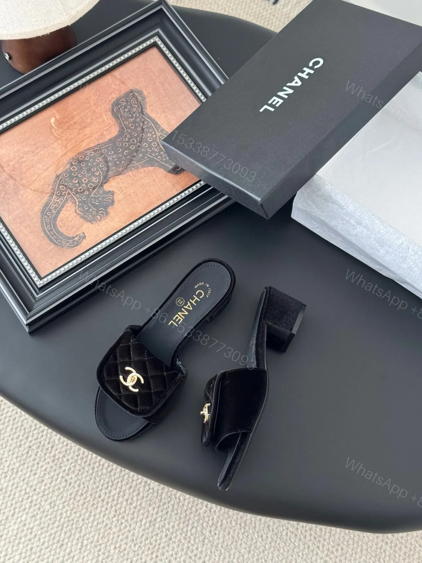 View 5 of Chanel Women Black Quilted Velvet Slides