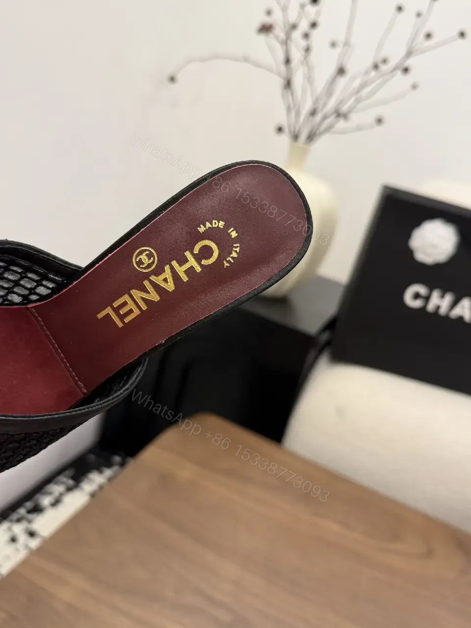 View 9 of Black Mesh Leather Mule Chanel Style Heels