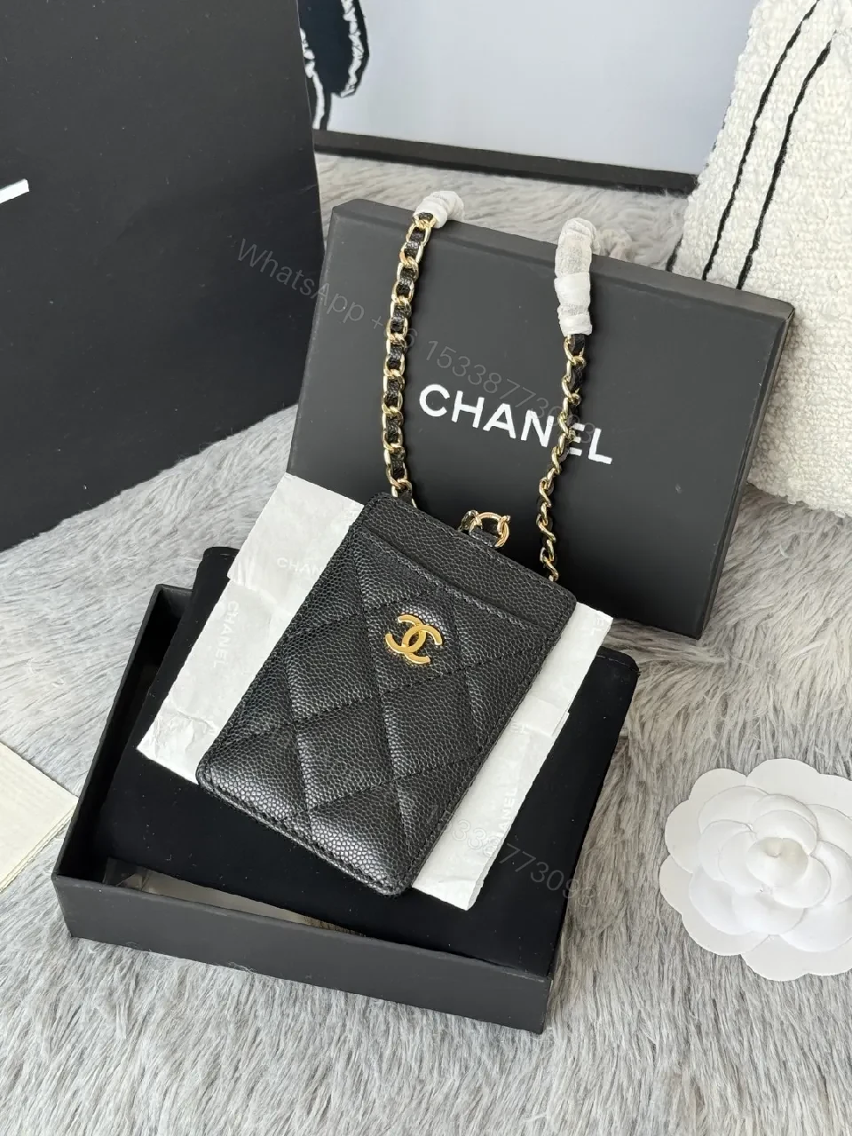 View 3 of Textured Quilted Cardholder with Chain Detail - Compact Luxury