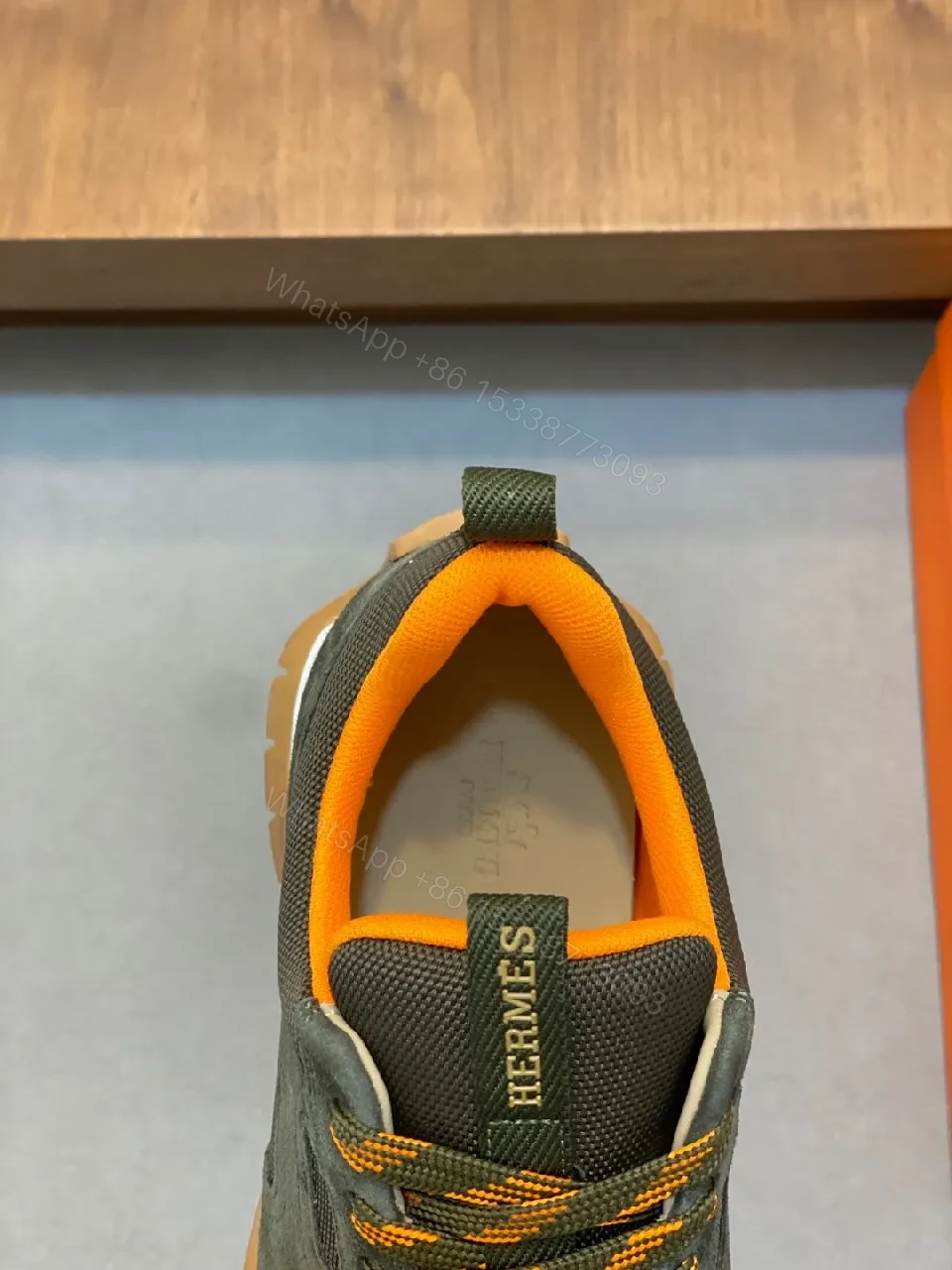 View 8 of Dark Olive Suede & Mesh Sneakers – Low-Profile Chevré Neon Accent
