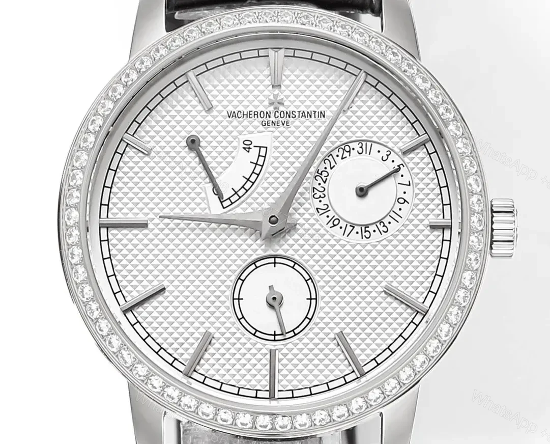 View 7 of 8F Factory Vacheron Constantin Traditionnelle Mechanical Watch 83520/000R-9909 – Silver Dial, Black Leather Strap, 40mm Case, Automatic Movement with Power Reserve, Day, Date, and Small Seconds Display