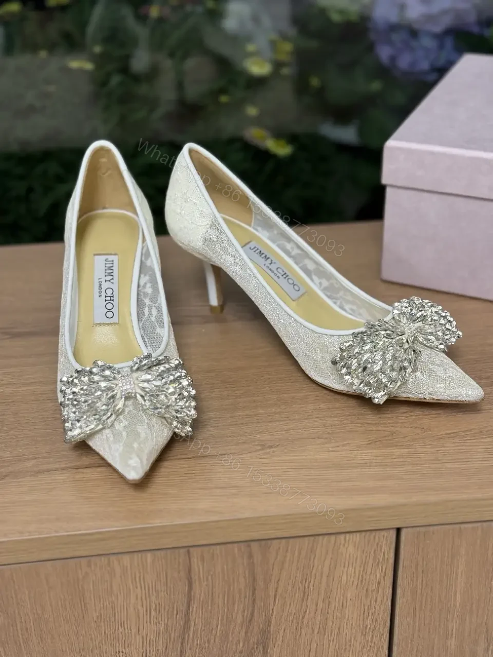 View 3 of Champagne Lace Pumps: Crystal Toe Embellishment, Elegant Pointed-Toe