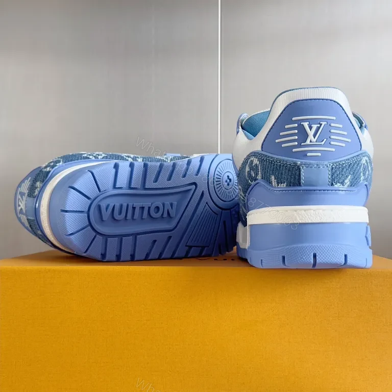 View 5 of Louis V Luxe High-Top Sneakers: Light-Blue Leather with LV Details