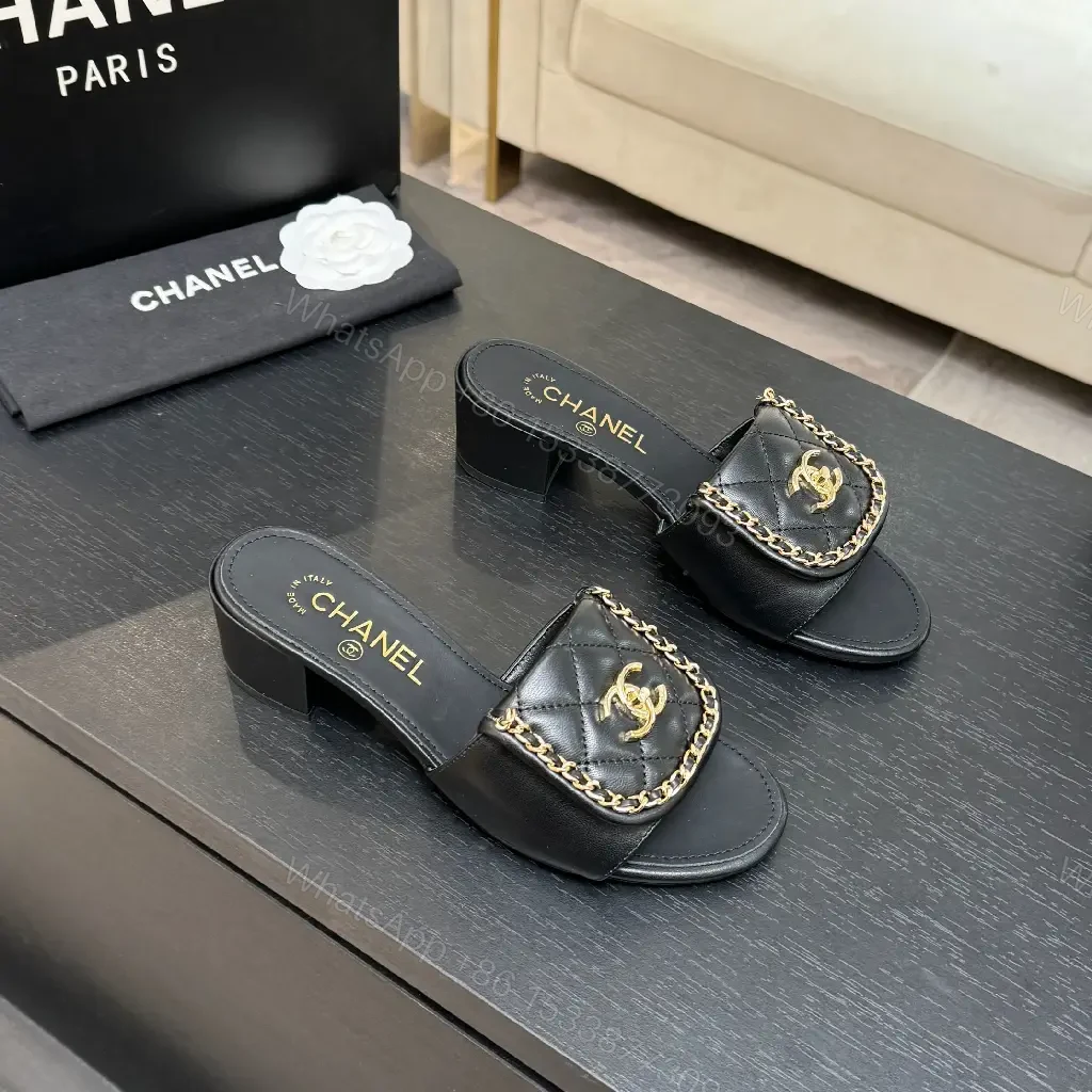 View 4 of Black Calfskin Mules with Gold Chain Link Accent - Open-Toe Block Heel