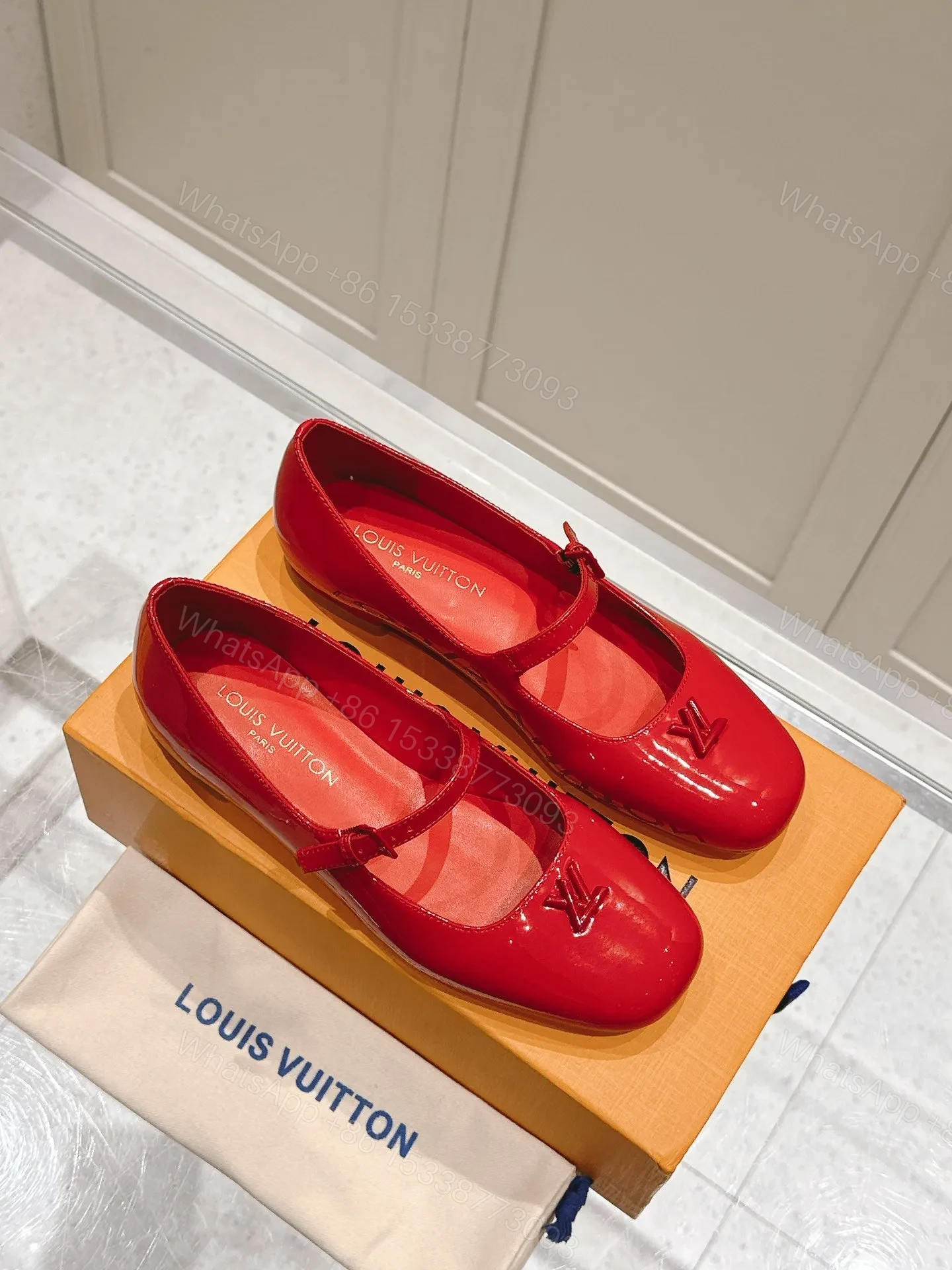 View 3 of LV Women Red Patent Leather Mary Jane Flats