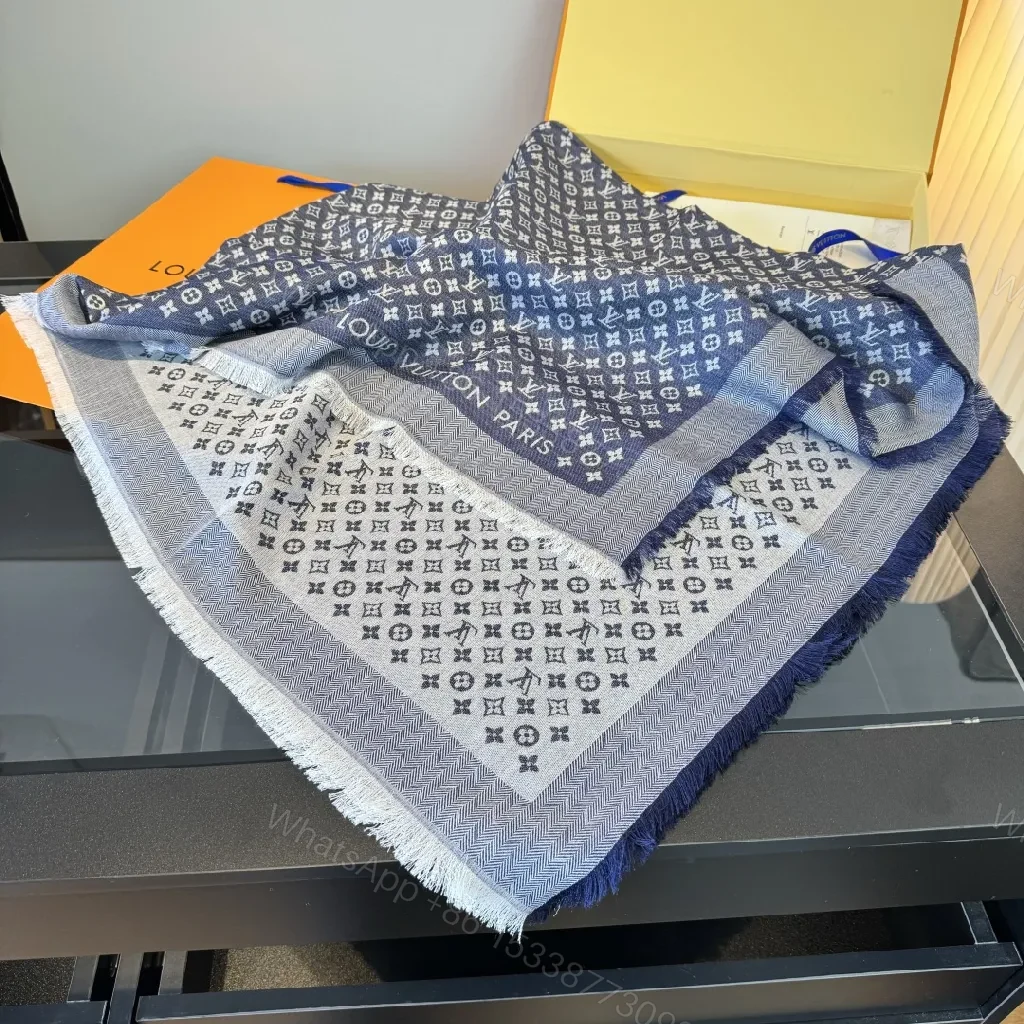 View 6 of Navy Monogram Scarf with Fringed Edge – Luxe Knit Wrap