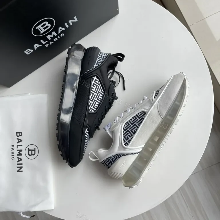 View 2 of Ivory Leather Balmain Runner: Graphic Geometry Sneaker