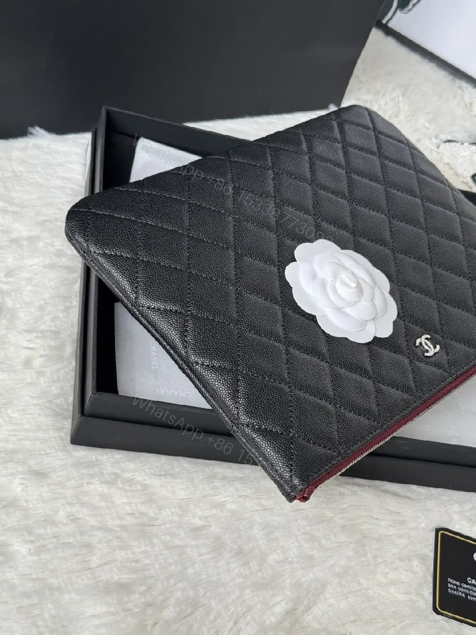 View 5 of Quilted Black Leather Wallet with Red Zip - Minimalist Luxe