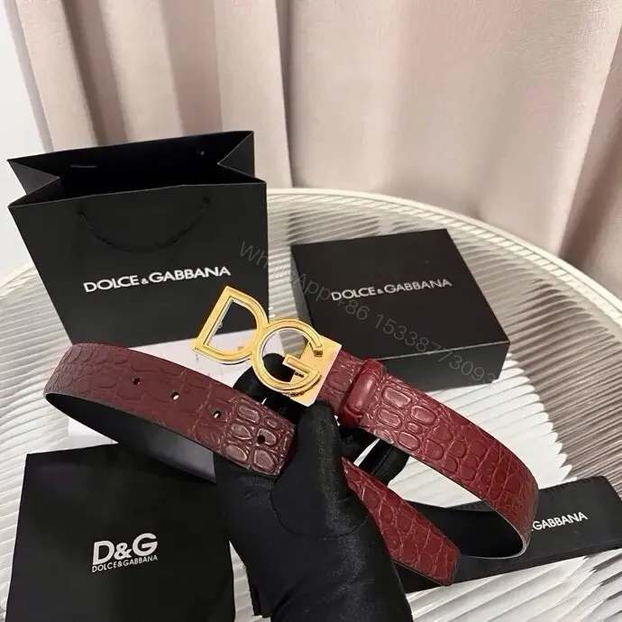 View 6 of Burgundy Crocodile-Texture Belt with Gold DG Buckle