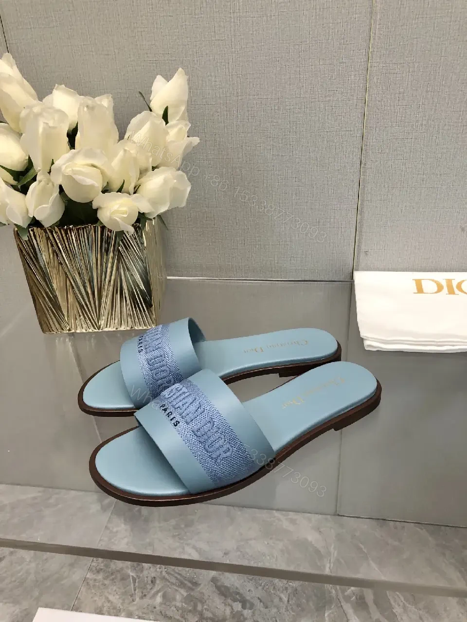 View 3 of Blue Denim Strap Slide Sandals Dior Paris Style Lightweight Comfort Sandal