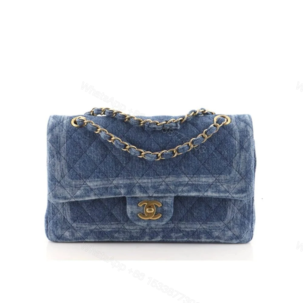 Chanel Classic Double Flap Bag Quilted Printed Denim Medium Blue 25Cm — view 1