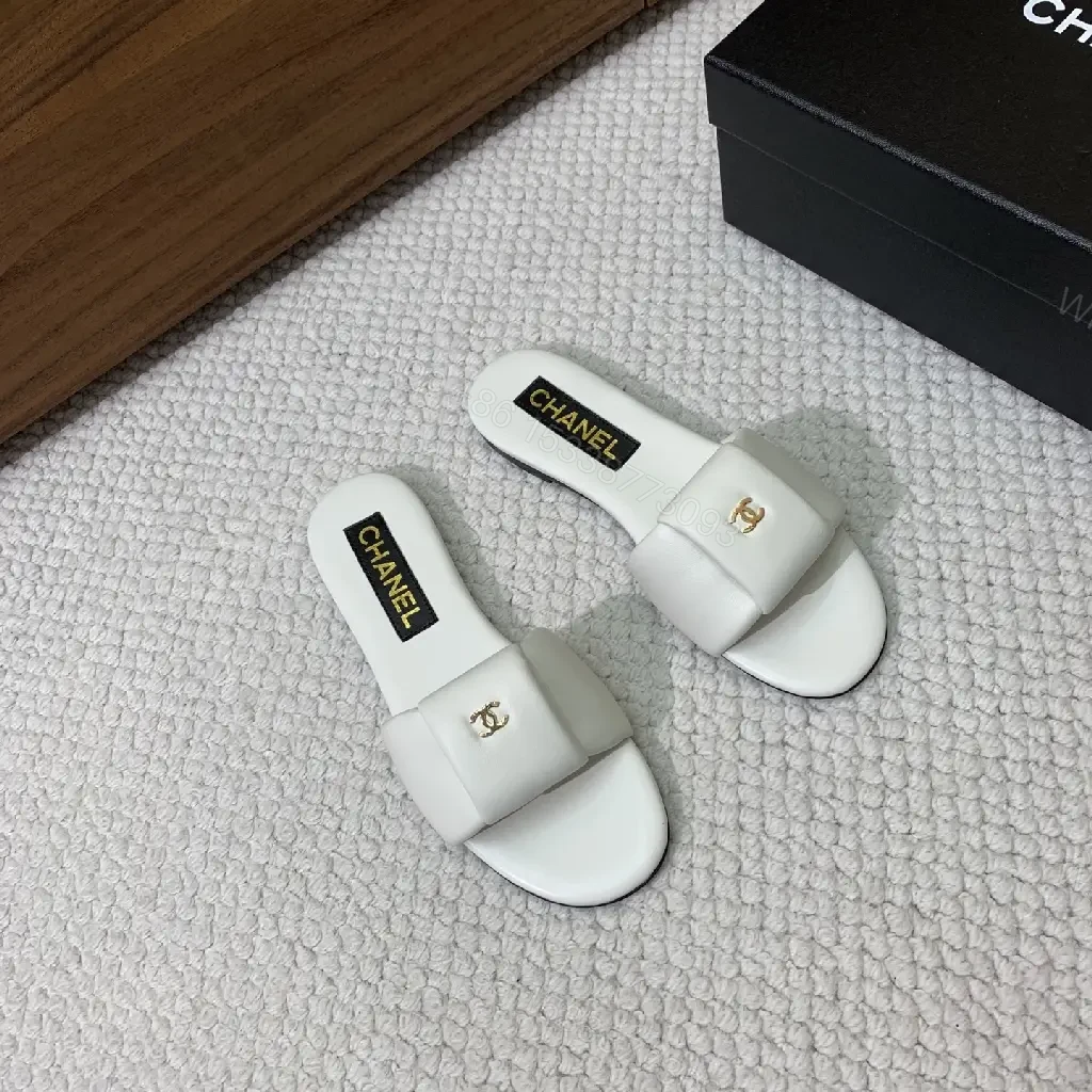 View 4 of White Leather Chanel-Logo Slide Sandals
