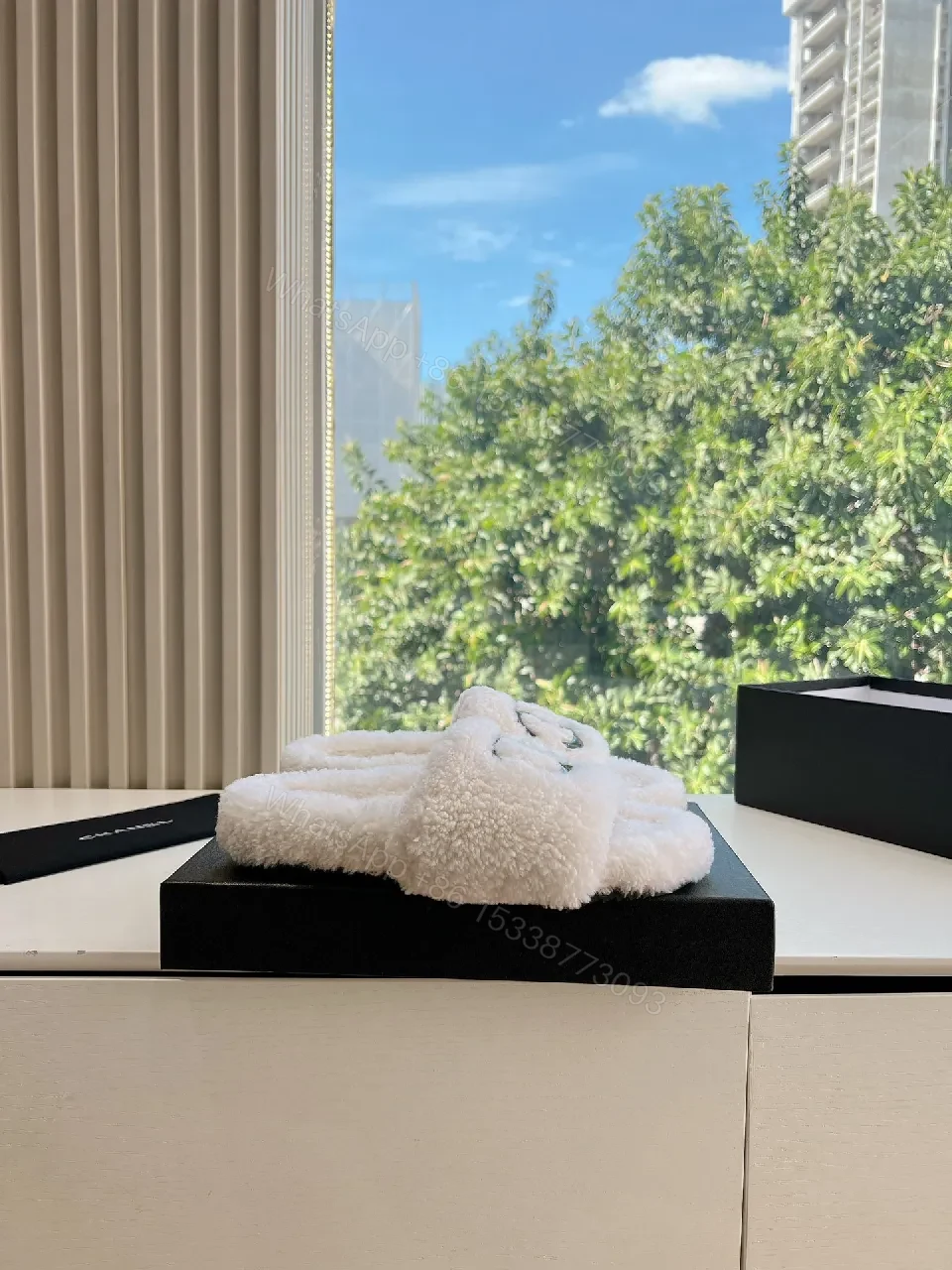 View 3 of White Fuzzy Slides with Logo Detailing, Luxe Comfort Slide