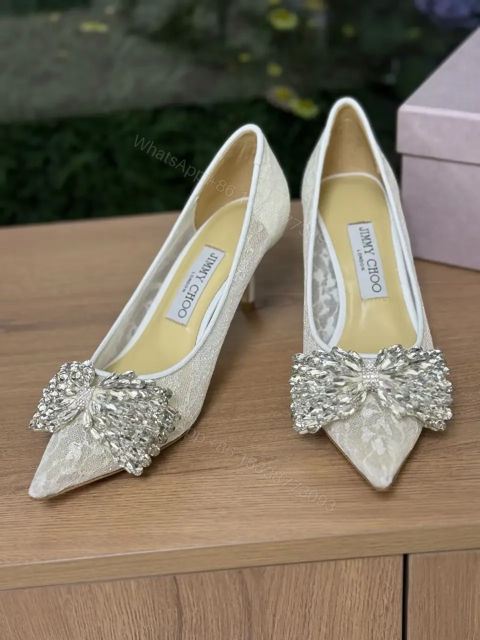 View 7 of Champagne Lace Pumps: Crystal Toe Embellishment, Elegant Pointed-Toe
