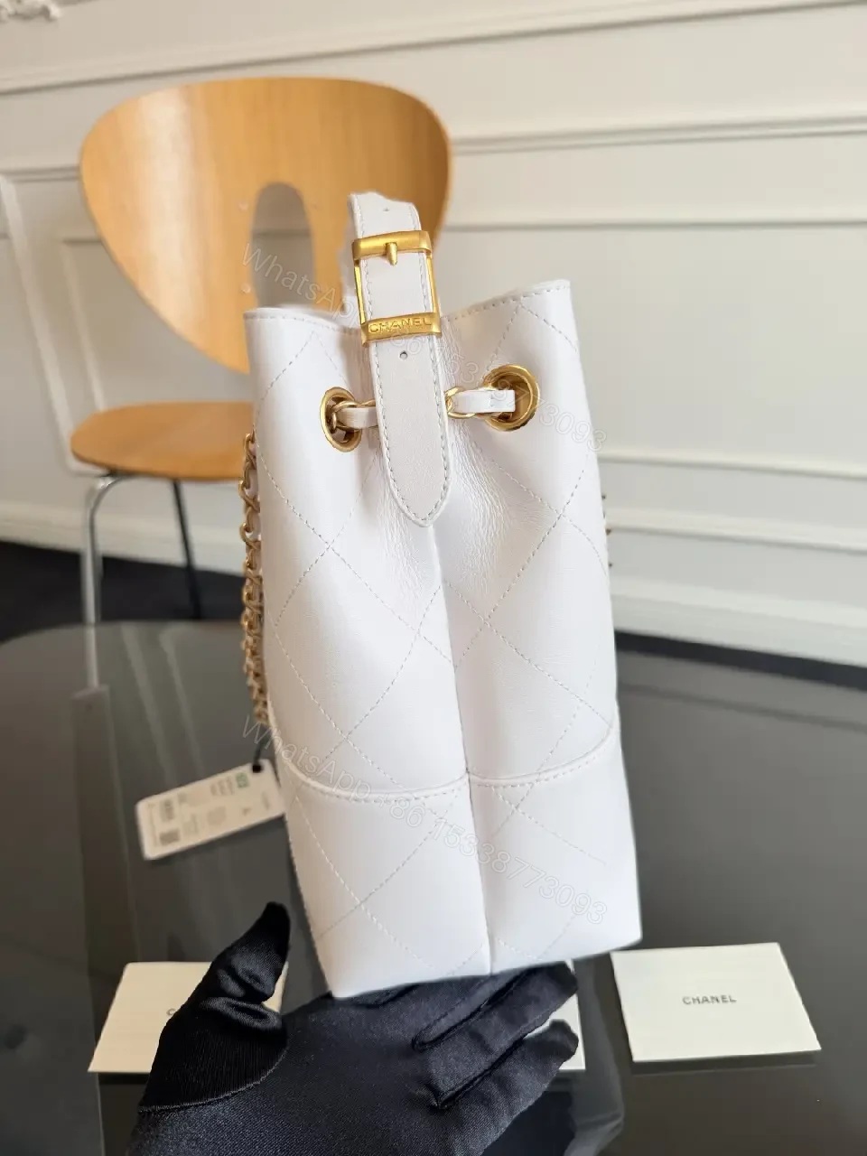 View 8 of White Quilted Tote with Gold Chain - Structured, Luxe Classic