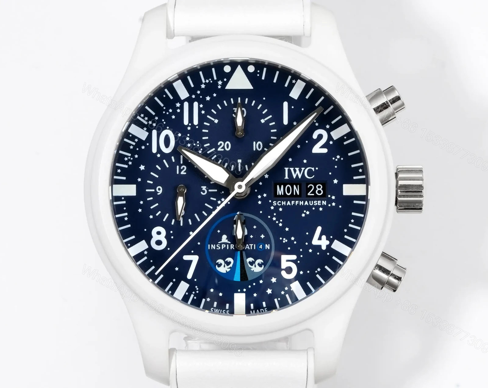 View 2 of IWC White Ceramic Pilot Chronograph Blue Dial White Strap Ultimate 44MM IWC-CER-PIL-CHR-BLU44-WH