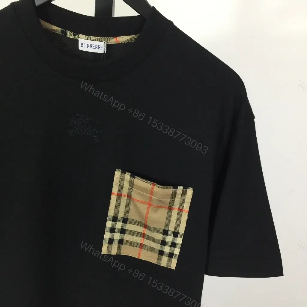 View 5 of Black Cotton Tee with Plaid Pocket - Premium Casual Shirt