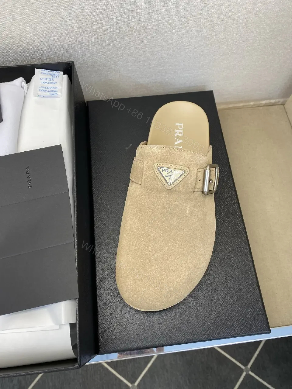View 7 of Beige Suede Leather Prada Logo Mule Slippers