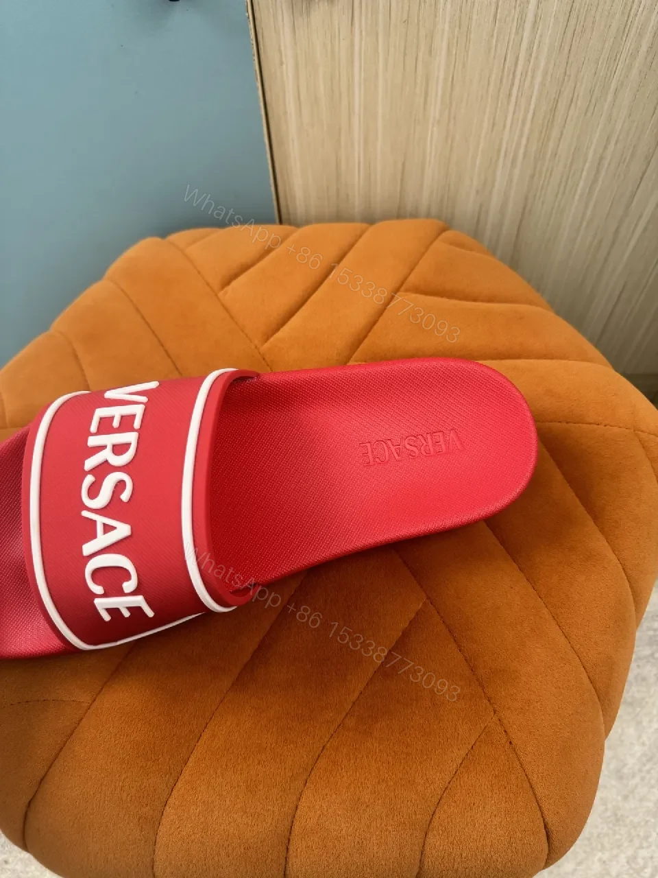 View 8 of Bold Red Luxury Slide with Signature Versaace Stride