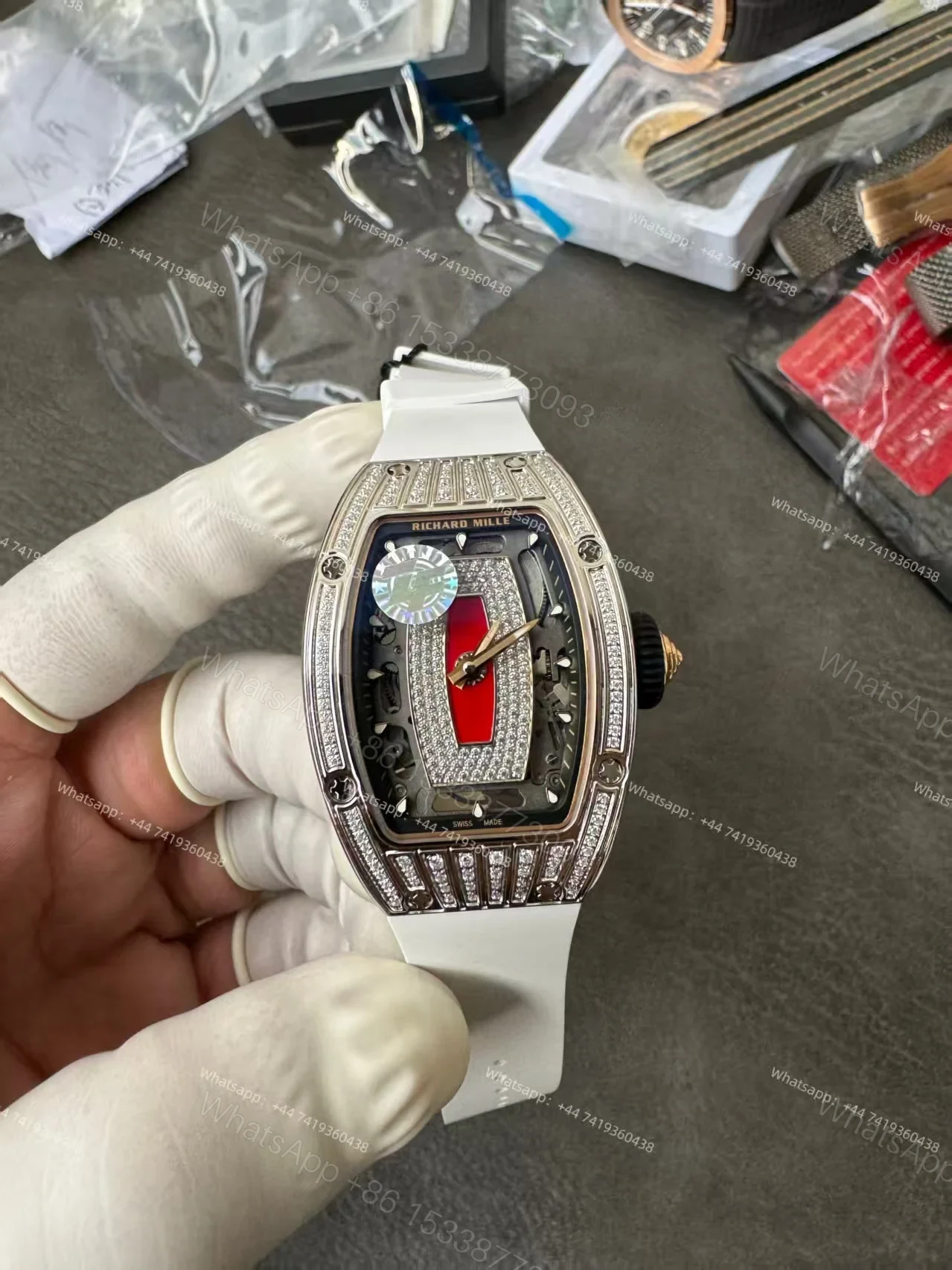 View 2 of Super Clone Richard Mille RM 07 Full Diamond 1:1 Replica Watch with White Rubber Strap