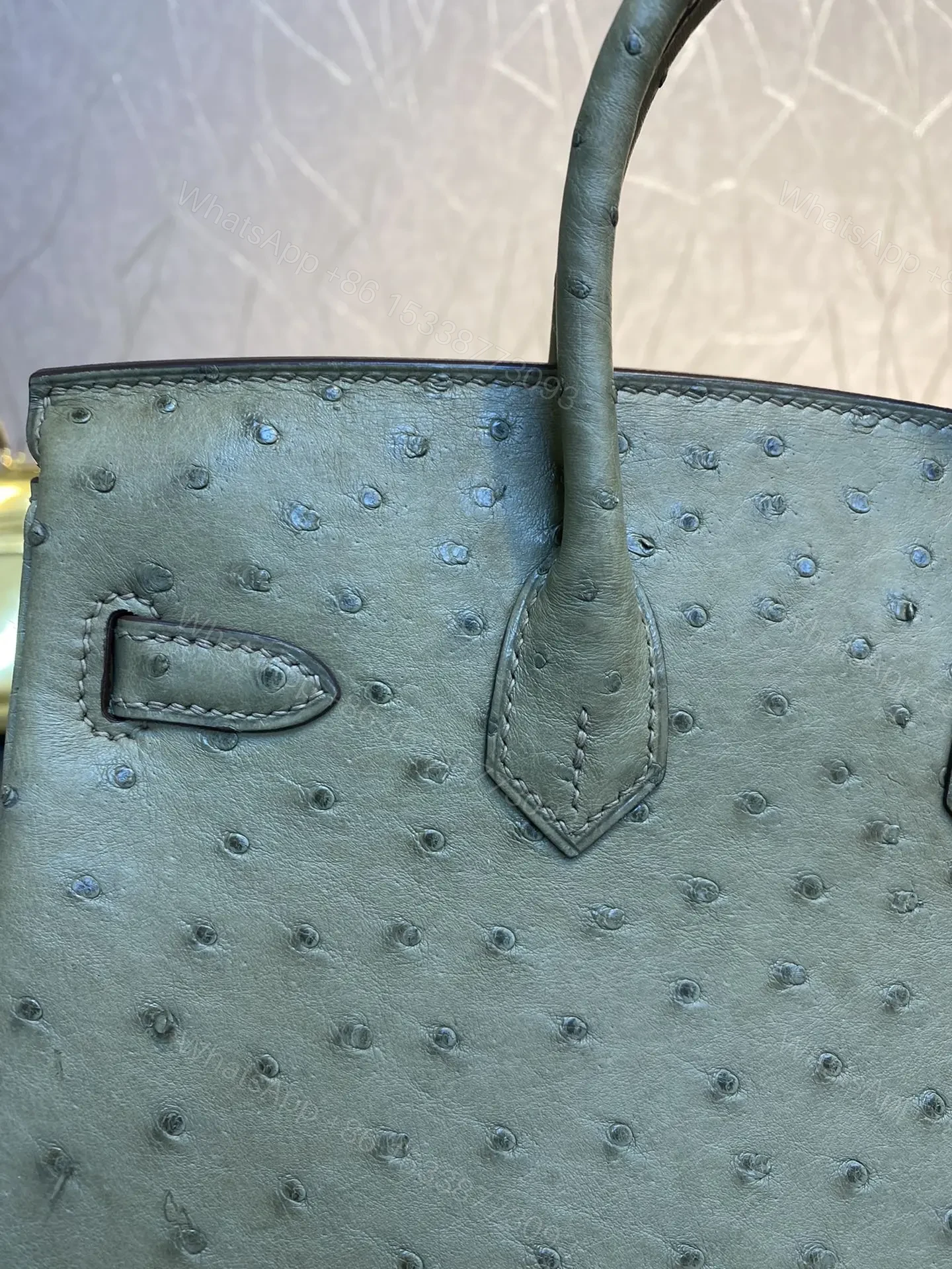 View 3 of HN 30CM KHAKI OSTRICH LEATHER SILVER HARDWARE