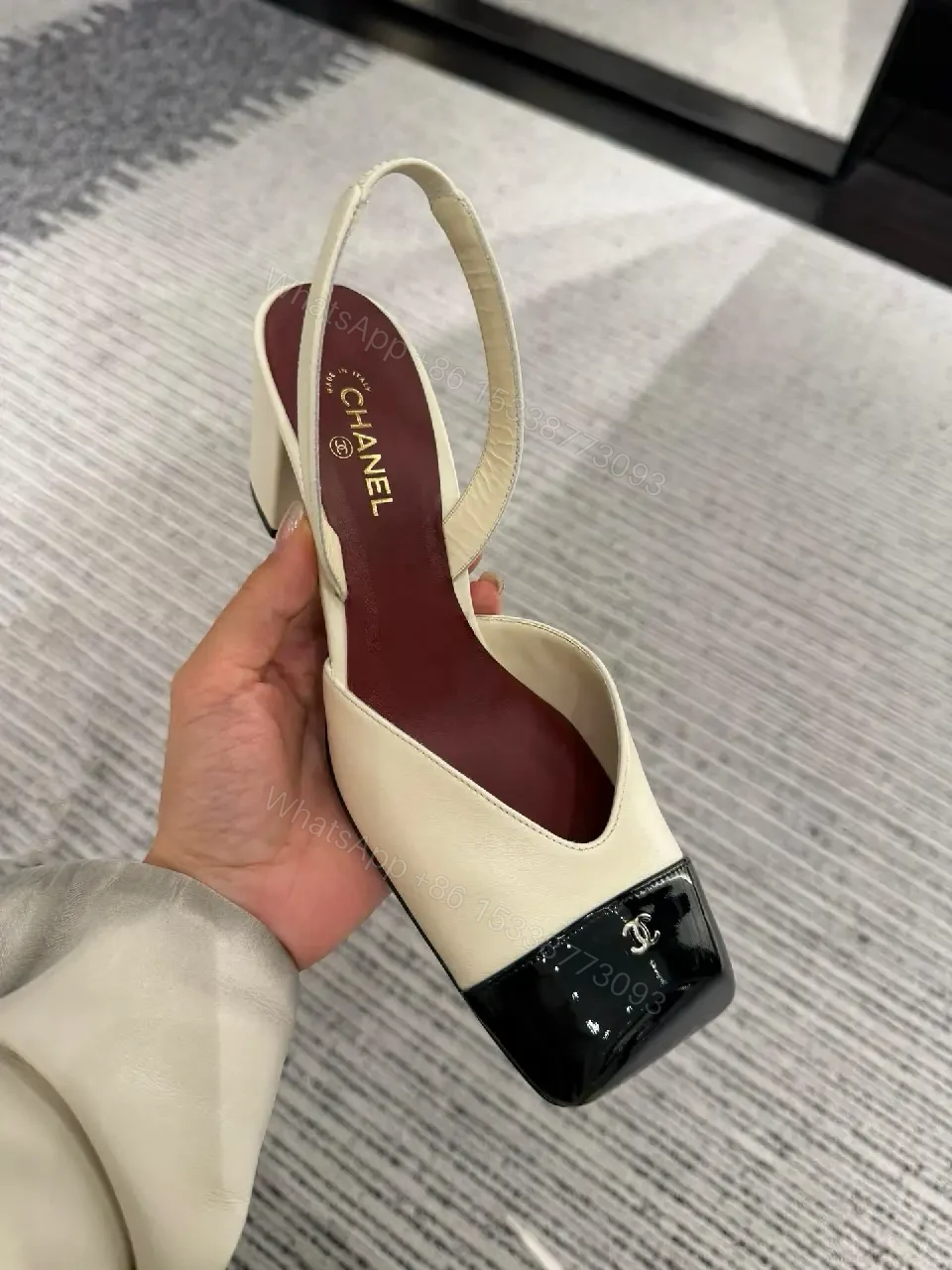 View 8 of Ivory & Black Cap-Toe Slingback Pump, Modern Block Heel