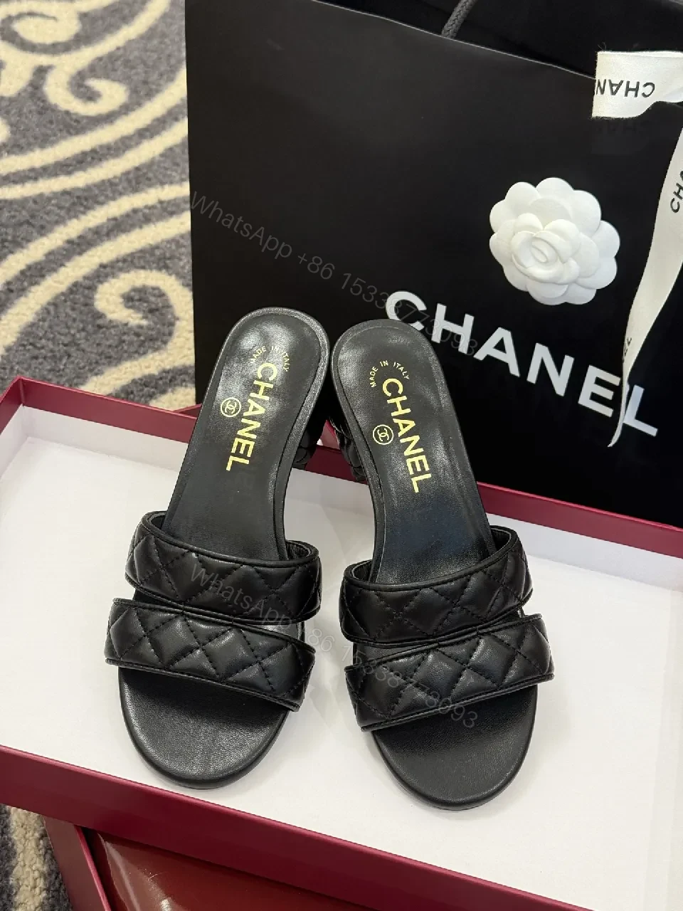 View 5 of Quilted Leather Mules – Black, Open-Toe, Low Block Heel