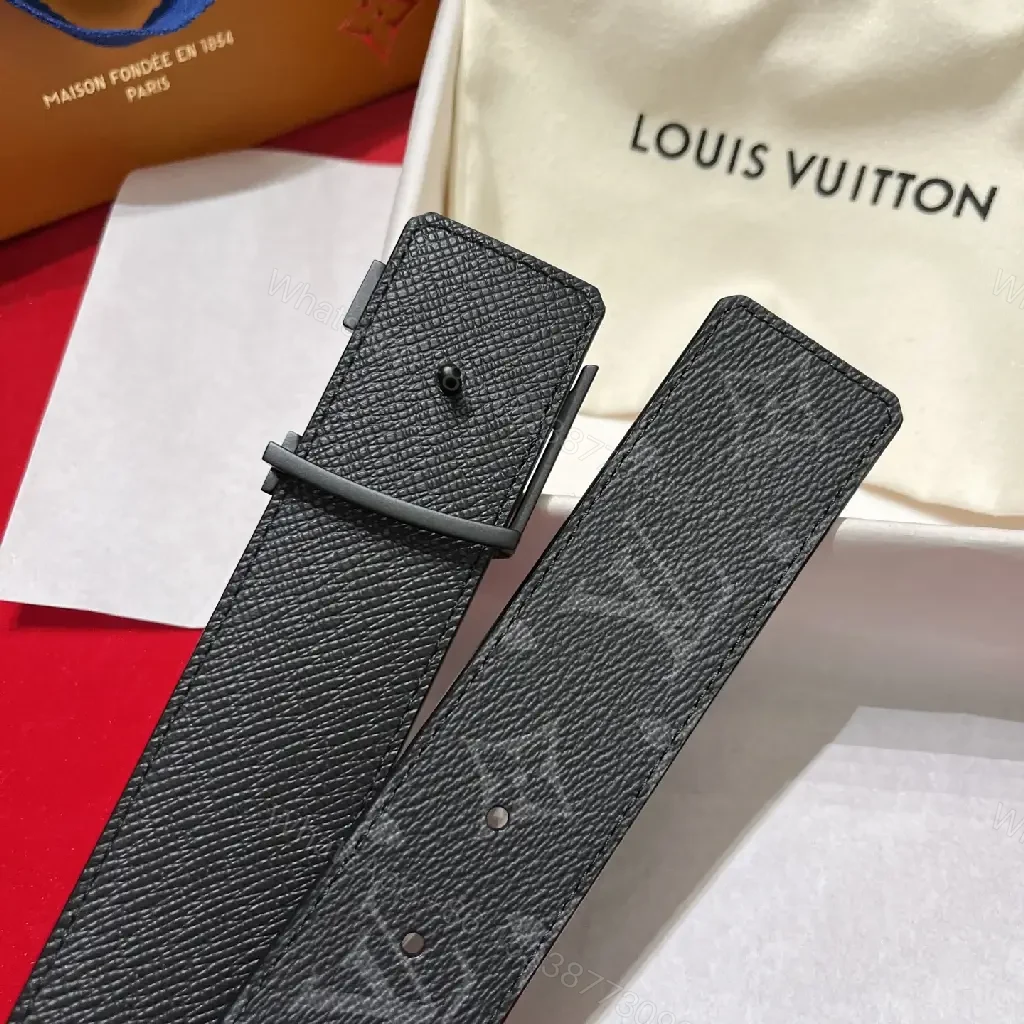 View 9 of Black Leather Modern Luxury Belt with LV Buckle Signature Pattern