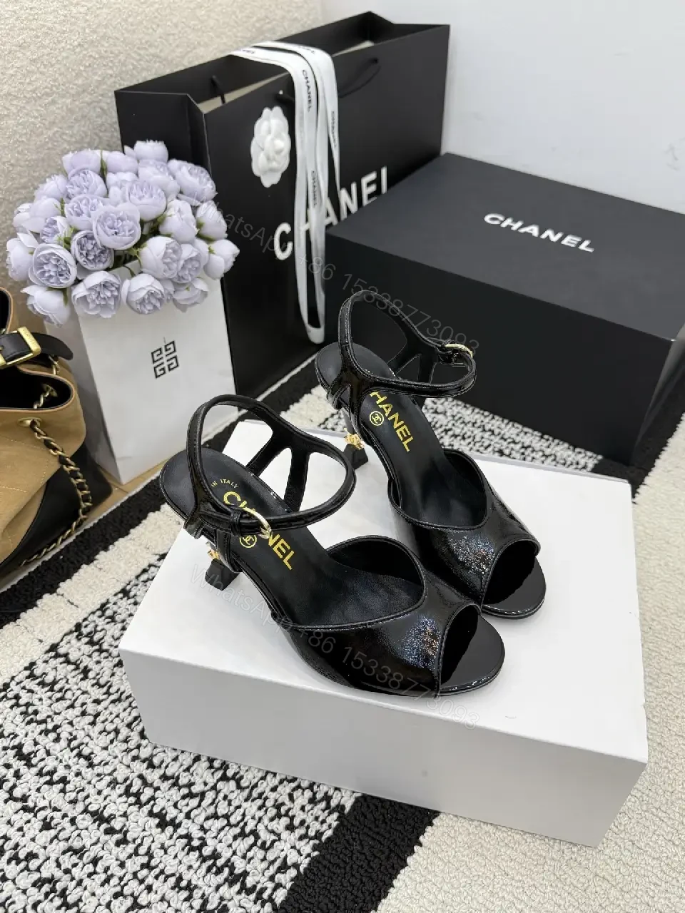 View 7 of Glitter-Accent Patent High-Heel Sandals - Strappy, Open-Toe, Ankle-Glitz