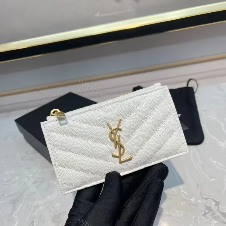 View 3 of White Quilted Leather Wallet - Gold YSL Hardware, Compact Luxury