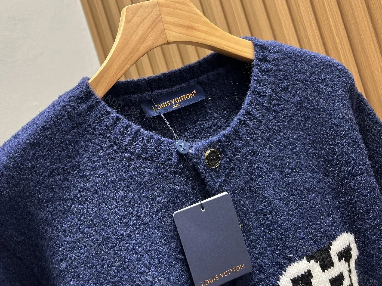 View 3 of Textured Knit Cardigan Navy Bouclé Monogram Accent Luxury Knitwear